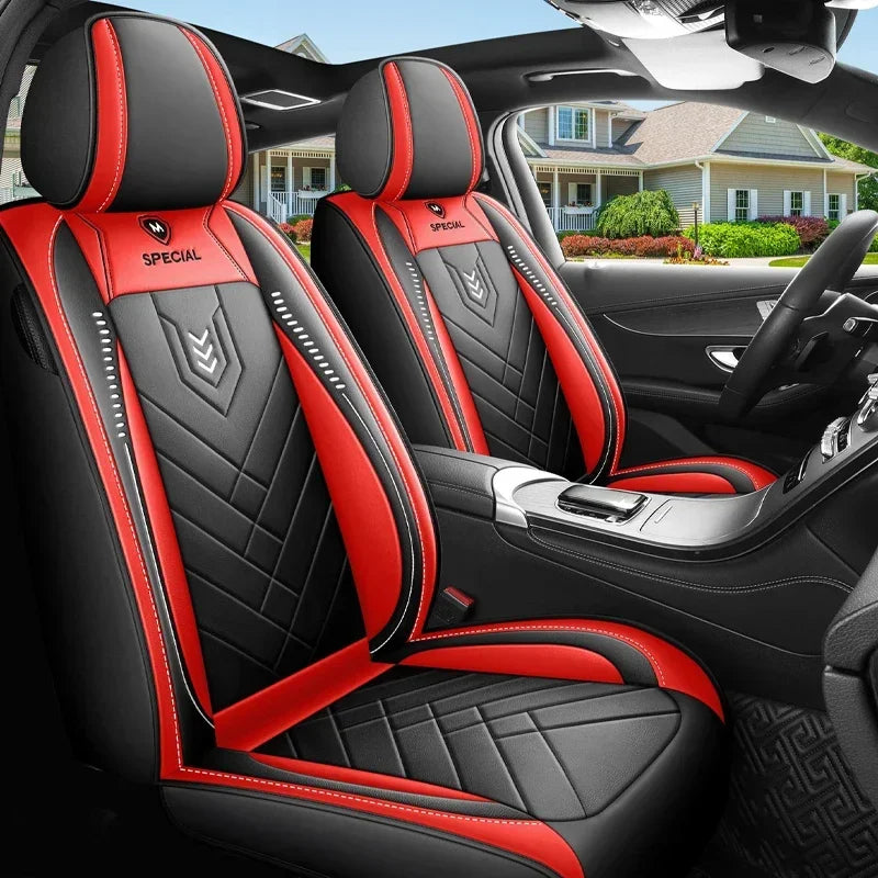 Red Leather-Look Front Pair Car Seat Covers fitted in a vehicle interior