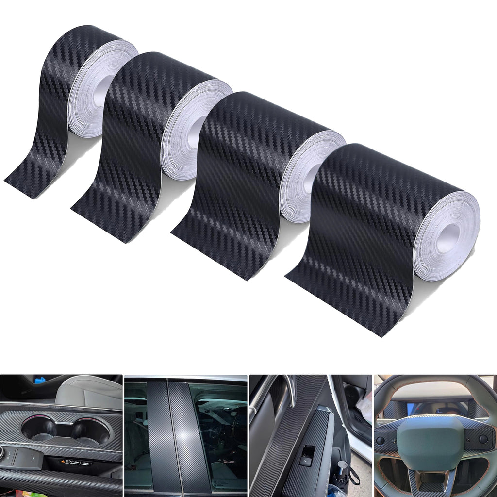 Coiled roll of black 3D carbon fibre wrap tape on a white background, with four small thumbnail images below showing it applied to a car console, door sill, mirror and steering wheel.