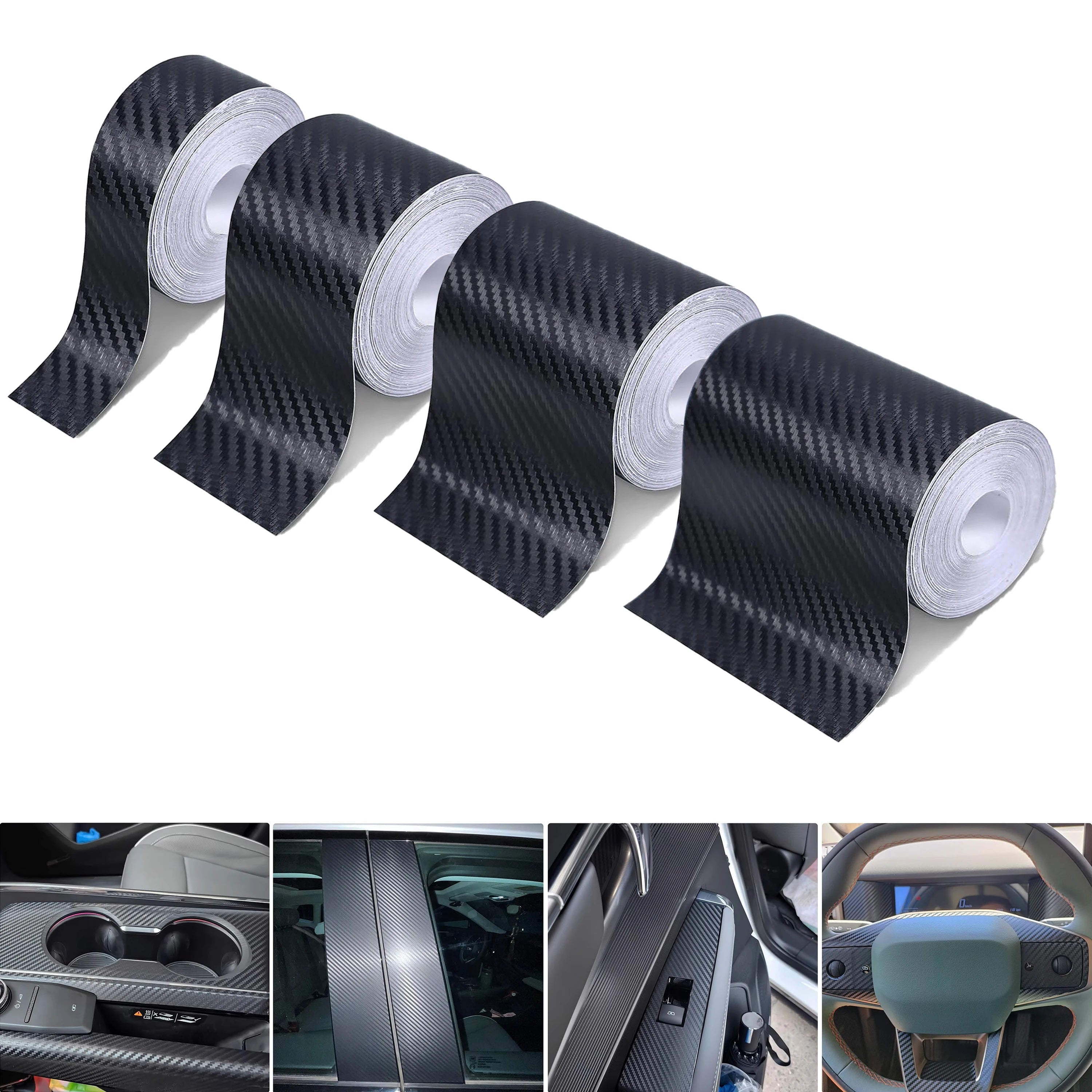 Coiled roll of black 3D carbon fibre wrap tape on a white background, with four small thumbnail images below showing it applied to a car console, door sill, mirror and steering wheel.
