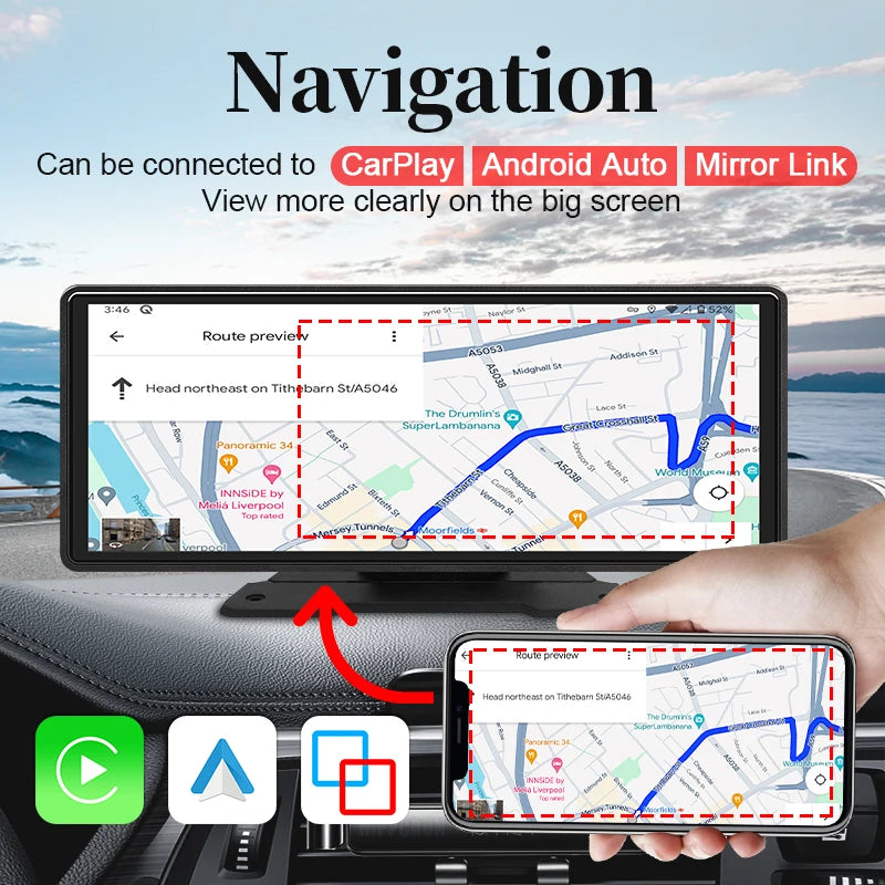 10.26 Inch Mirror Monitor navigation screen mirrored from a smartphone using CarPlay, Android Auto or Mirror Link