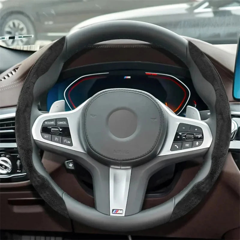 Grey Suede Car Steering Wheel Cover fitted to a BMW steering wheel with paddle shift controls