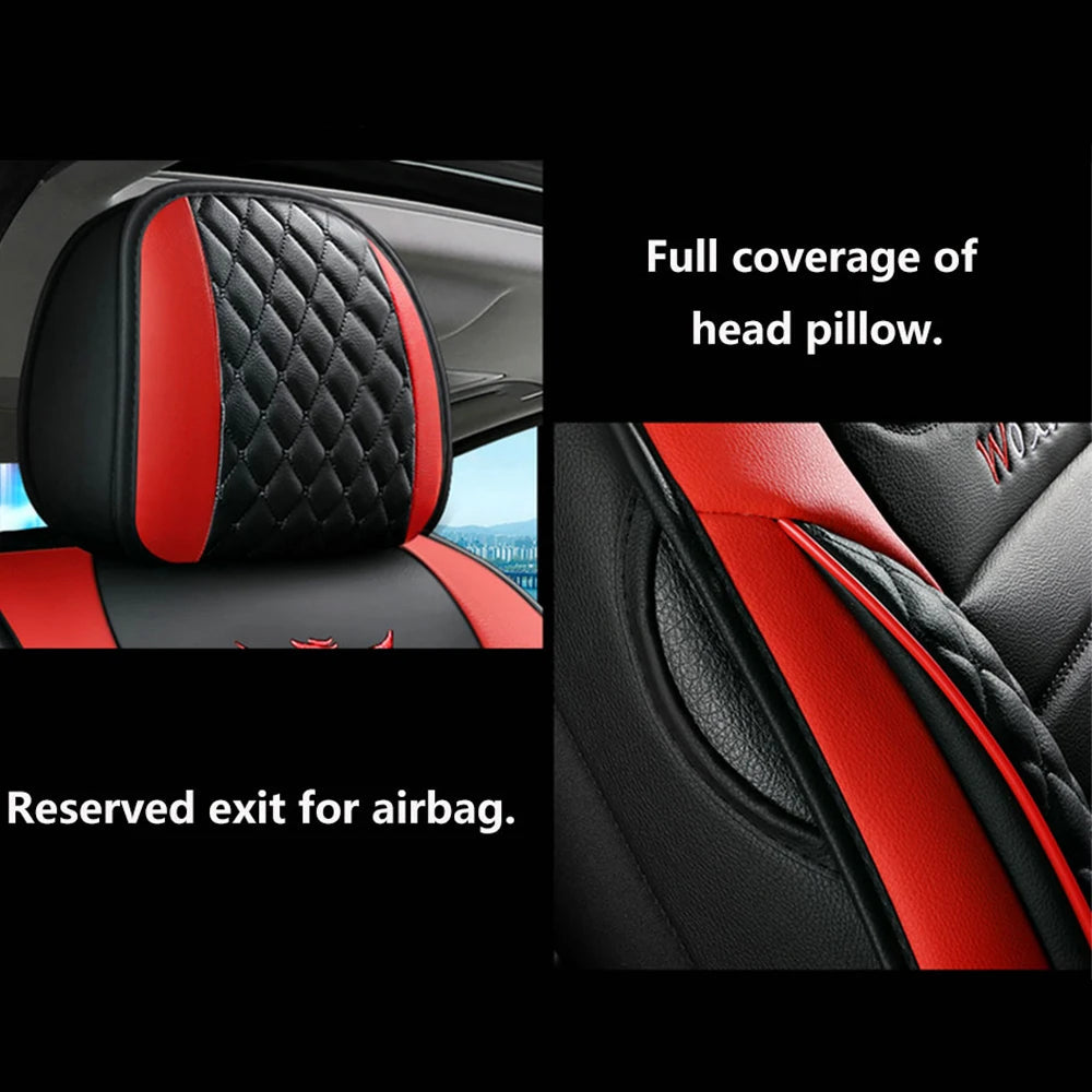Close-up of Diamond Quilted Leather Seat Cover headrest showing full coverage head pillow and reserved airbag exit