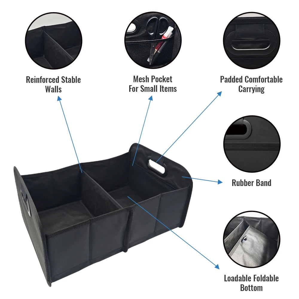 Foldable trunk organiser feature callouts showing reinforced stable walls, mesh pocket, padded carrying, rubber band and foldable bottom