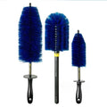 Graduated Wheel Brush Set with three blue bristle car wheel cleaning brushes in varying sizes and black handles on a white background