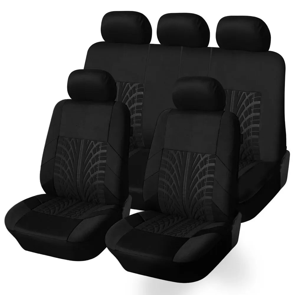 Full set of black and grey universal car seat covers laid out on a white background, showing front and rear seat coverage.