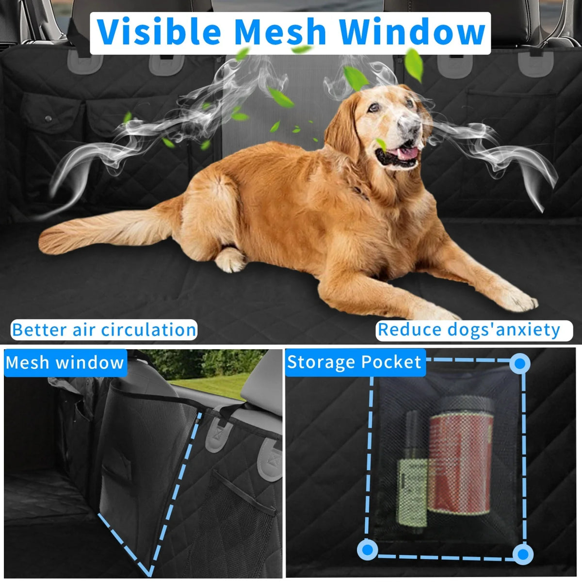 Golden retriever on the Tri-Board Dog Seat Extender beside the mesh viewing window, with close-ups of the mesh window and storage pocket