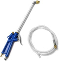 Blue pneumatic detailing air gun with curved brass nozzle and coiled clear extension hose on a white background