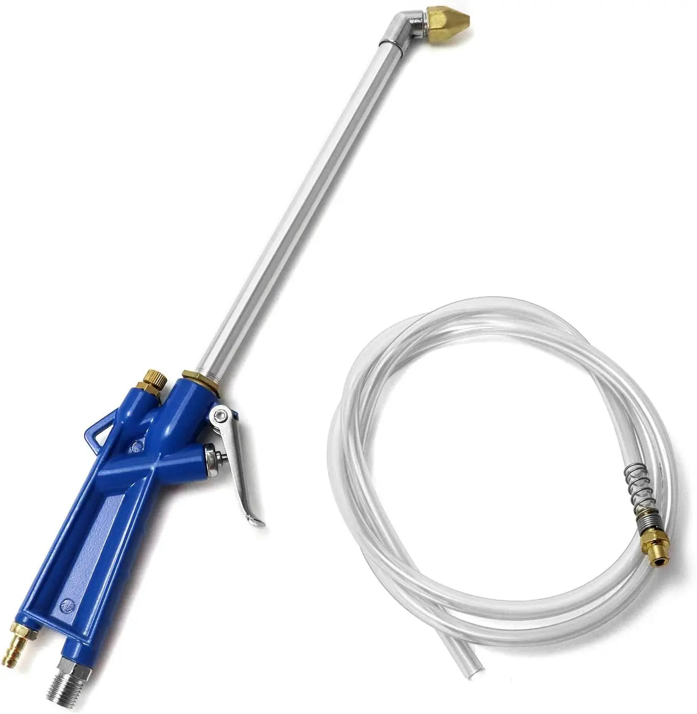 Blue pneumatic detailing air gun with curved brass nozzle and coiled clear extension hose on a white background
