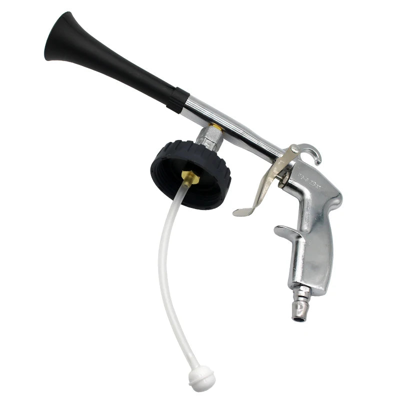 Pneumatic detail cleaning gun fitted with a fine mist spray nozzle and flexible hose attachment