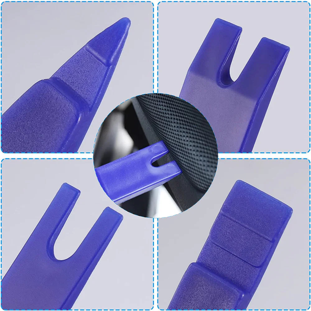 Close-up collage of four door card pry tool tips highlighting their textured non-slip grip against a car panel edge.