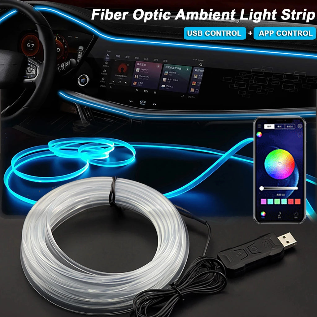 RGB Car Ambient Light Strip glowing blue along a car dashboard with smartphone colour control app