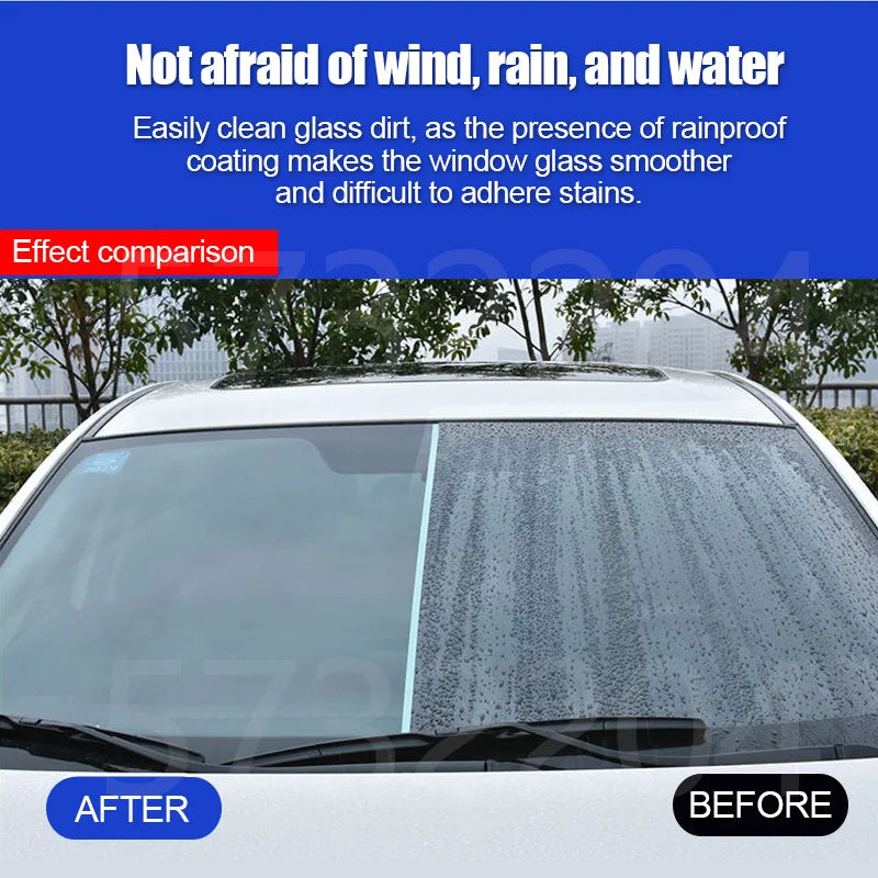Before and after comparison of a car windscreen showing rain beading off the surface after applying Hydrophobic Glass Shield