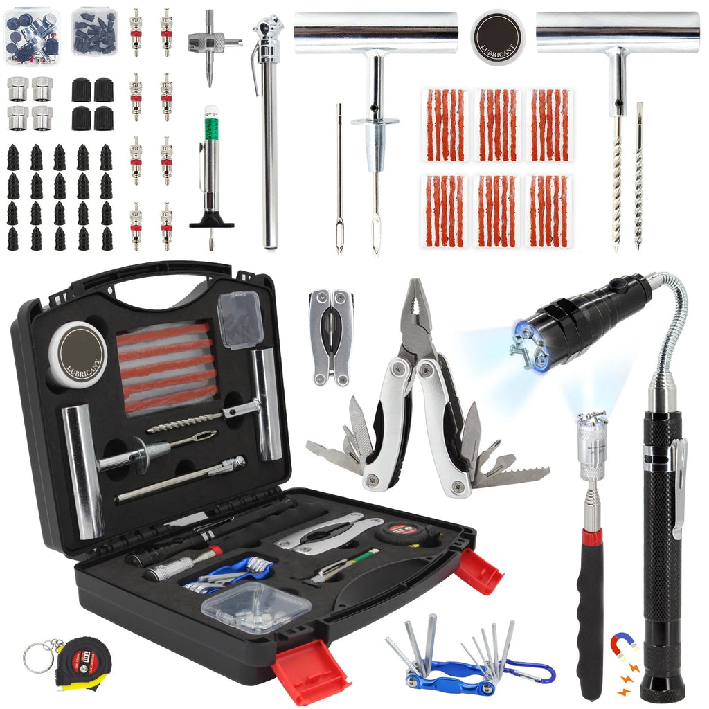 Complete Deluxe Heavy Duty Tyre Repair Kit with tools, plug strips, multi-tool and carry case on white background