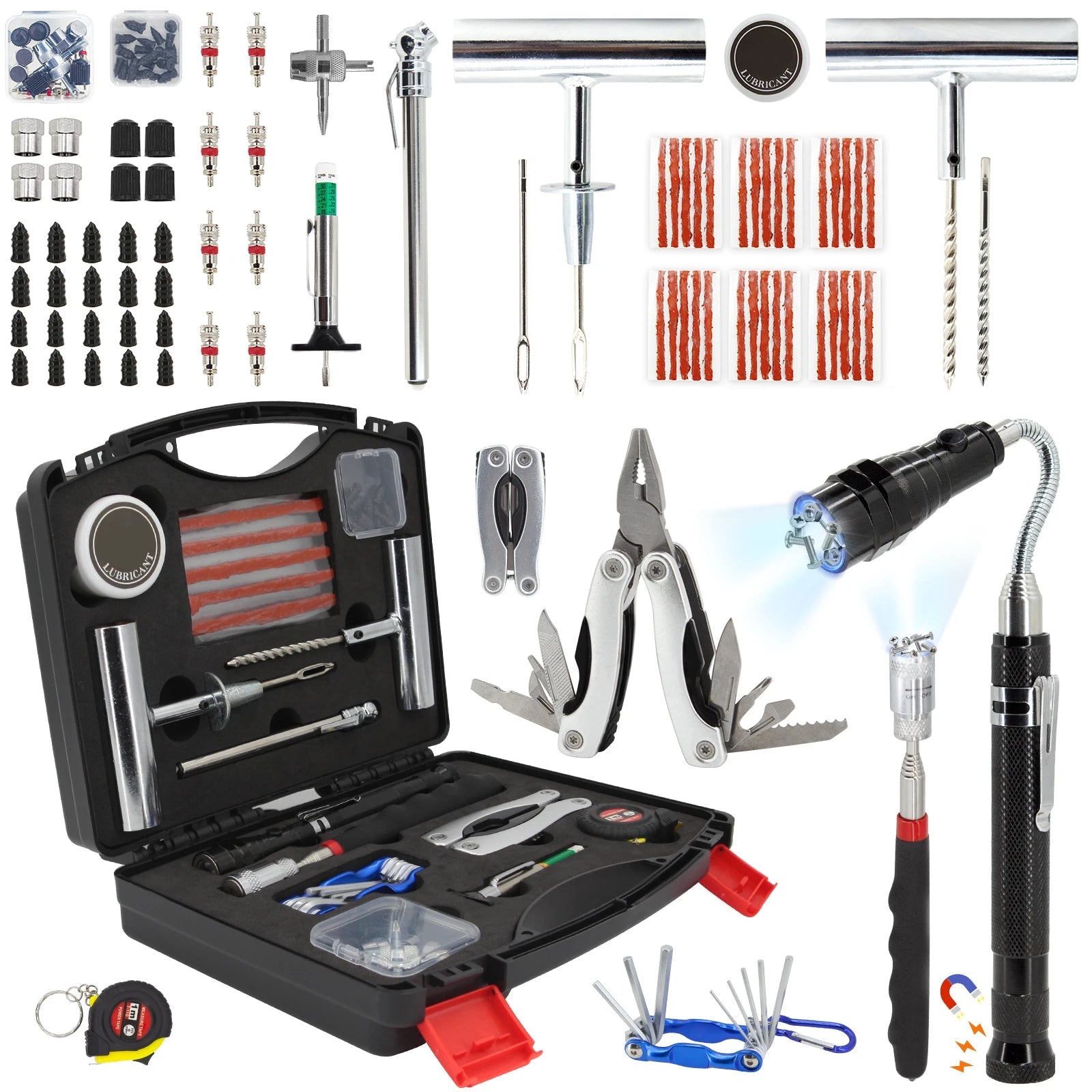 Complete Deluxe Heavy Duty Tyre Repair Kit with tools, plug strips, multi-tool and carry case on white background