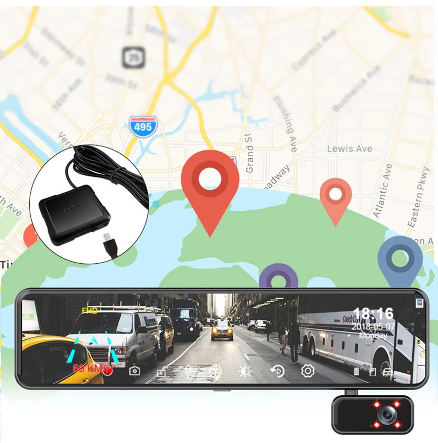 Triple-Lens Mirror Dash Cam with external GPS module tracking vehicle speed and location on a city street map