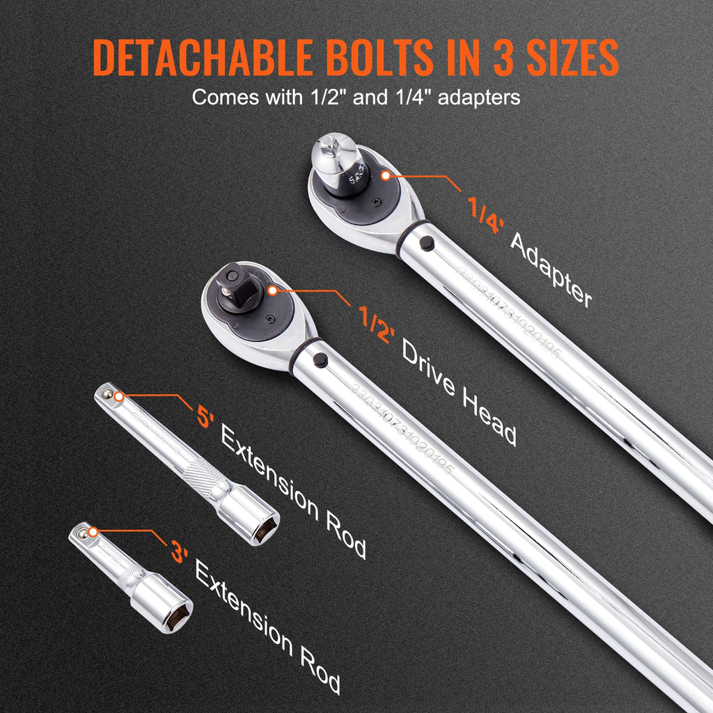 Precision Click Torque Wrench 1/2 inch drive head, 1/4 inch adaptor and two extension rods on a dark background