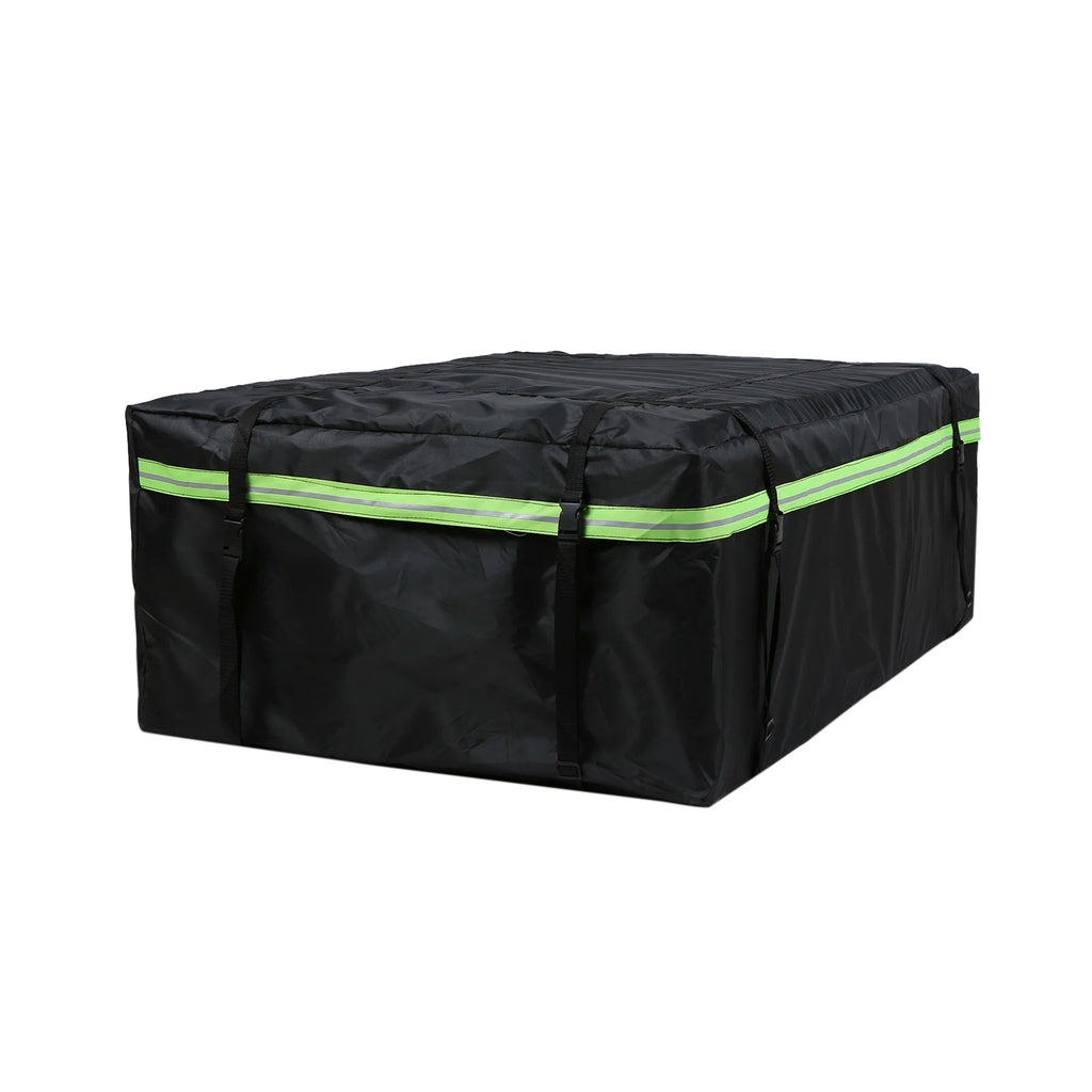 Black waterproof roof cargo bag with reflective green stripe shown from a front angled view on a white background