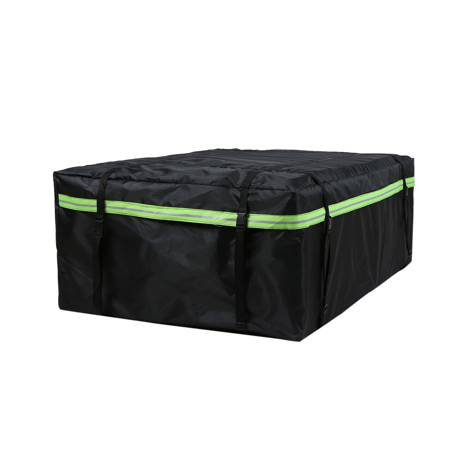 Black waterproof roof cargo bag with reflective green stripe shown from a front angled view on a white background