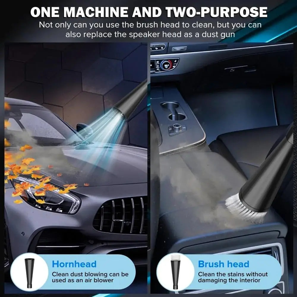 Air blow gun clearing leaves off a car bonnet and its brush head cleaning dust from a car's interior console