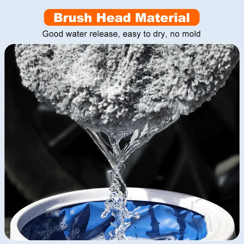 Close-up of the Electric Rotating Wash Mop's soft grey brush head material releasing water easily over a bucket to show it dries quickly and resists mould