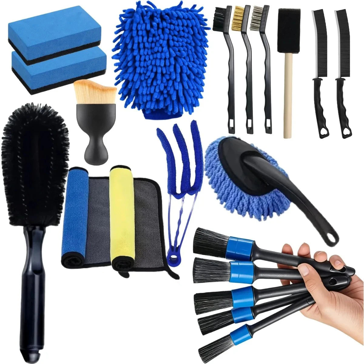 20-Piece Car Detailing Kit with wheel brush, wash mitt, microfibre towels, detailing brushes, duster, applicator pads and wire brushes