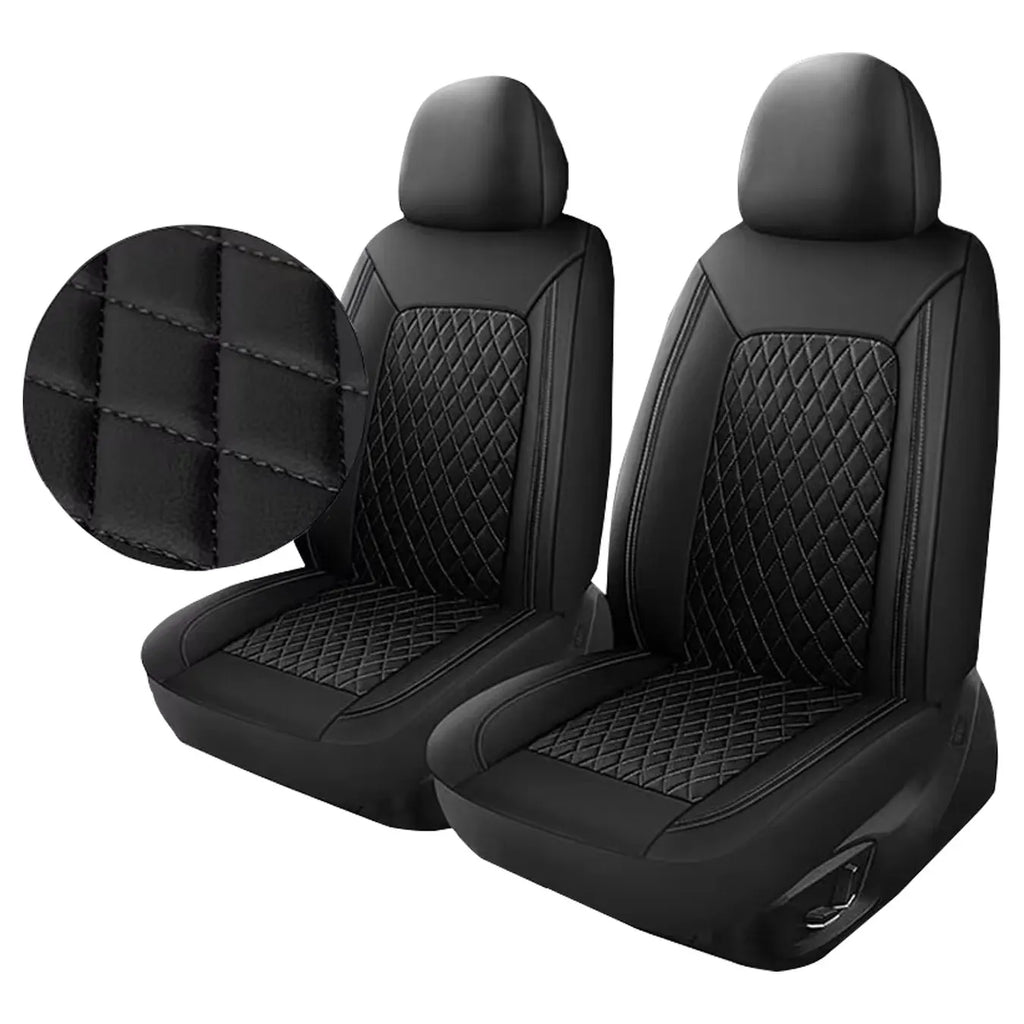 Black quilted leather car seat covers with diamond stitching on white background