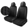 Black quilted leather car seat covers with diamond stitching on white background