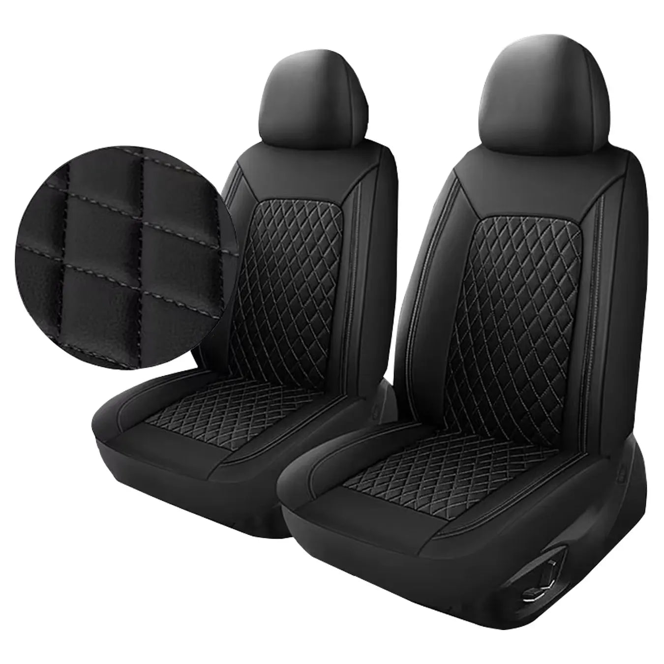 Black quilted leather car seat covers with diamond stitching on white background