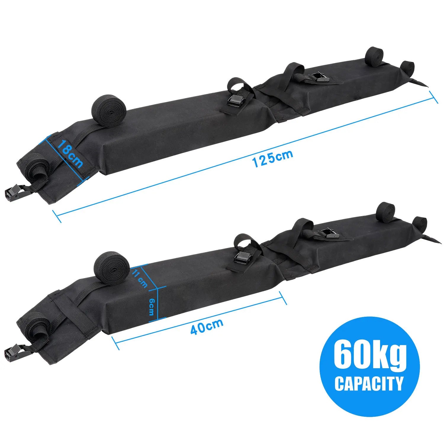 Pair of Soft Roof Rack Pads with dimension labels showing 125cm and 40cm lengths and a 60kg load capacity