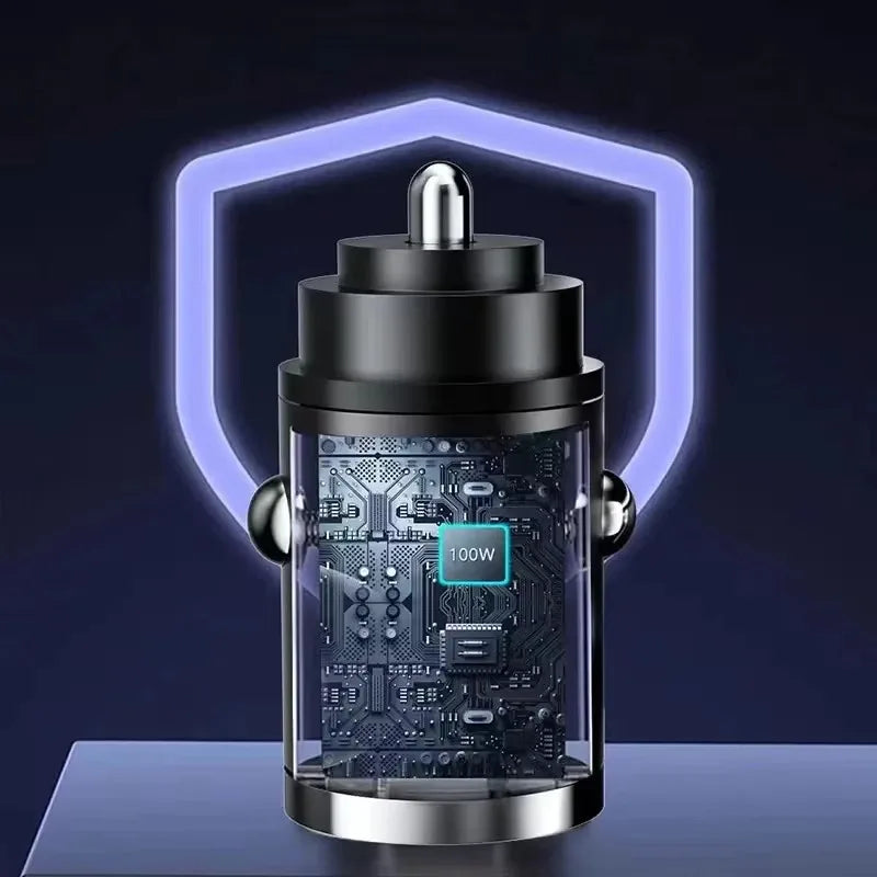 100W mini car charger illustrated with an internal circuit board and shield graphic representing surge protection