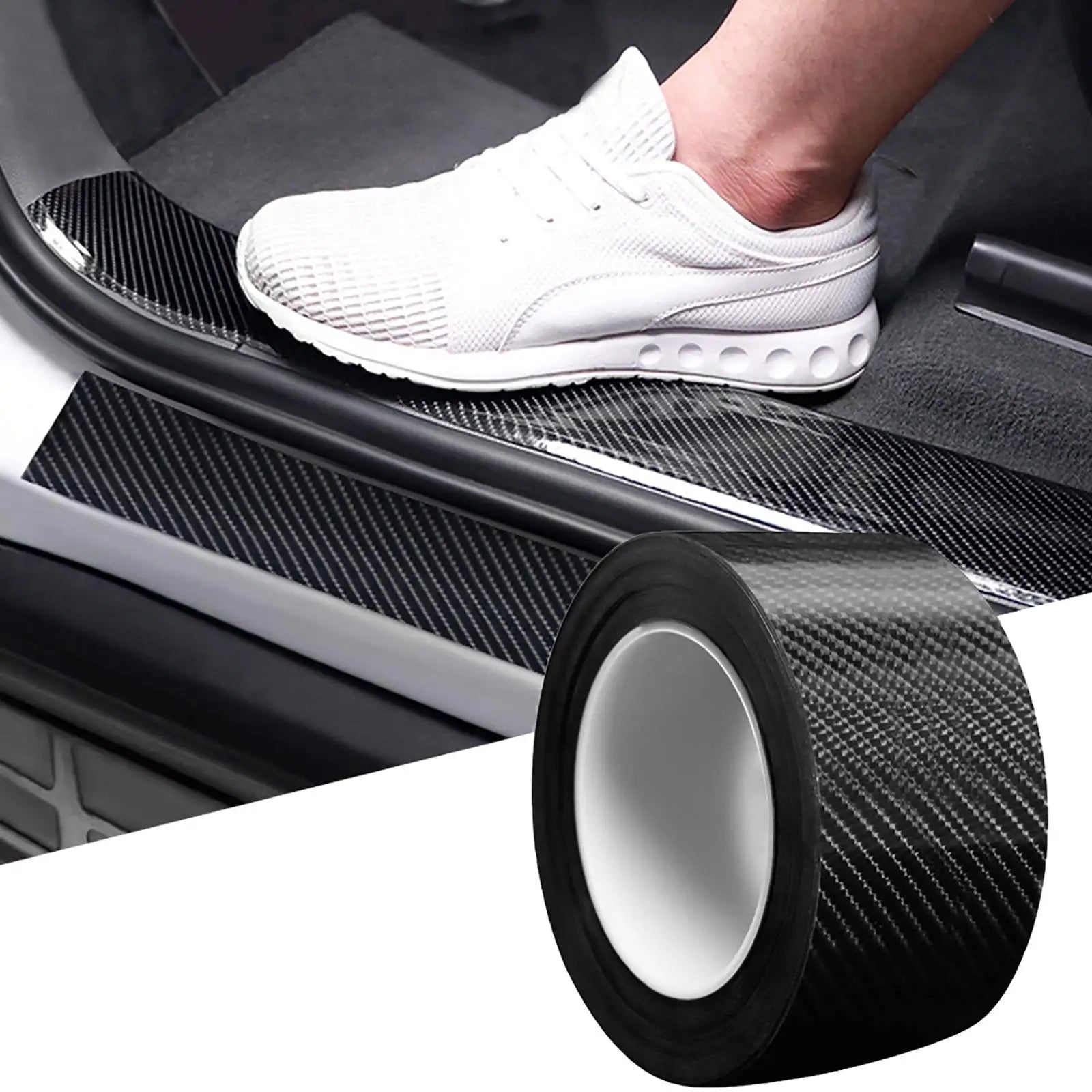 Black carbon fibre wrap tape applied to a car's door sill, shown with a white sneaker stepping on it to demonstrate durability.