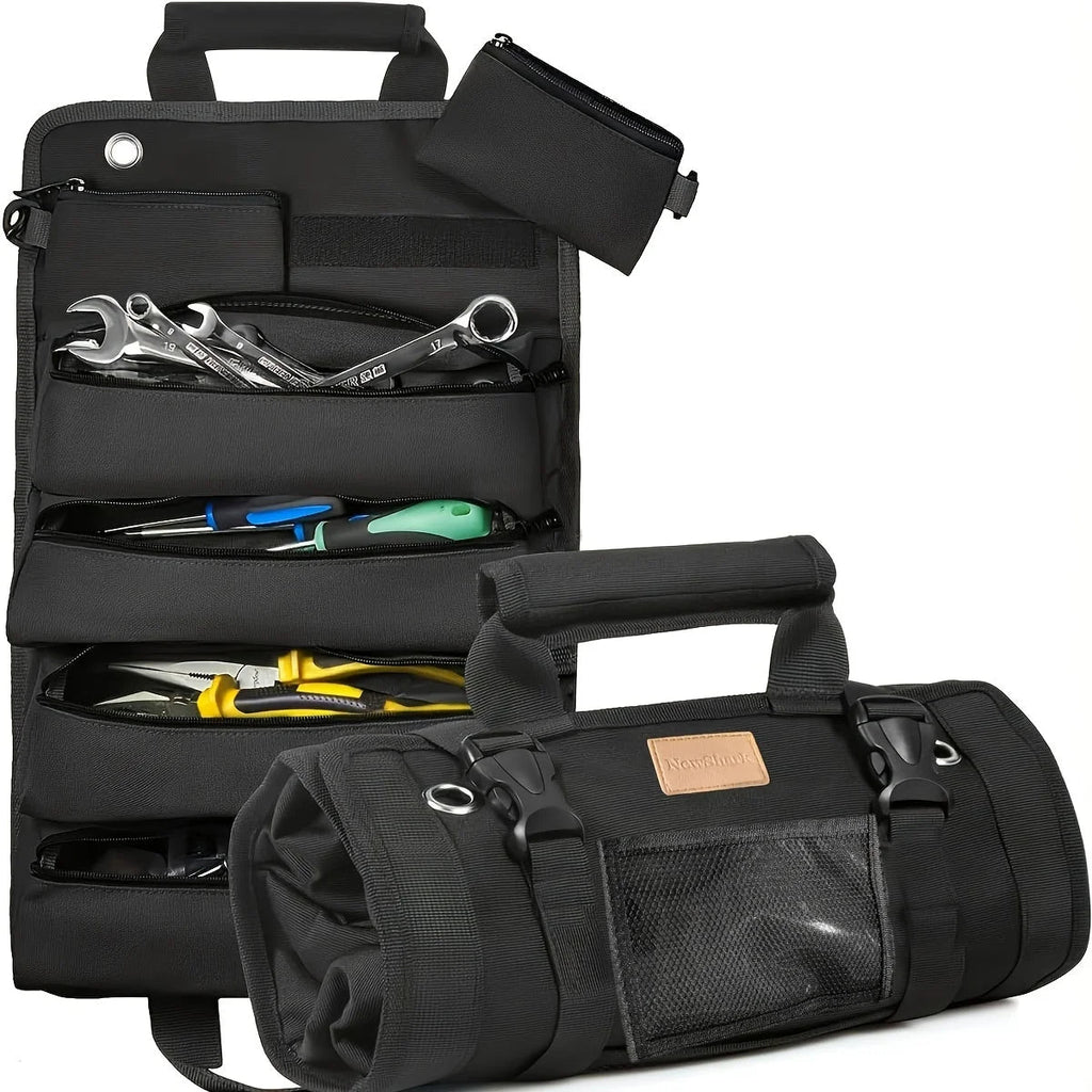 Canvas Tool Roll Organiser in Stealth Black shown flat open with zippered pockets holding wrenches, pliers and screwdrivers, beside the same roll buckled shut with carry handle and mesh window pocket.