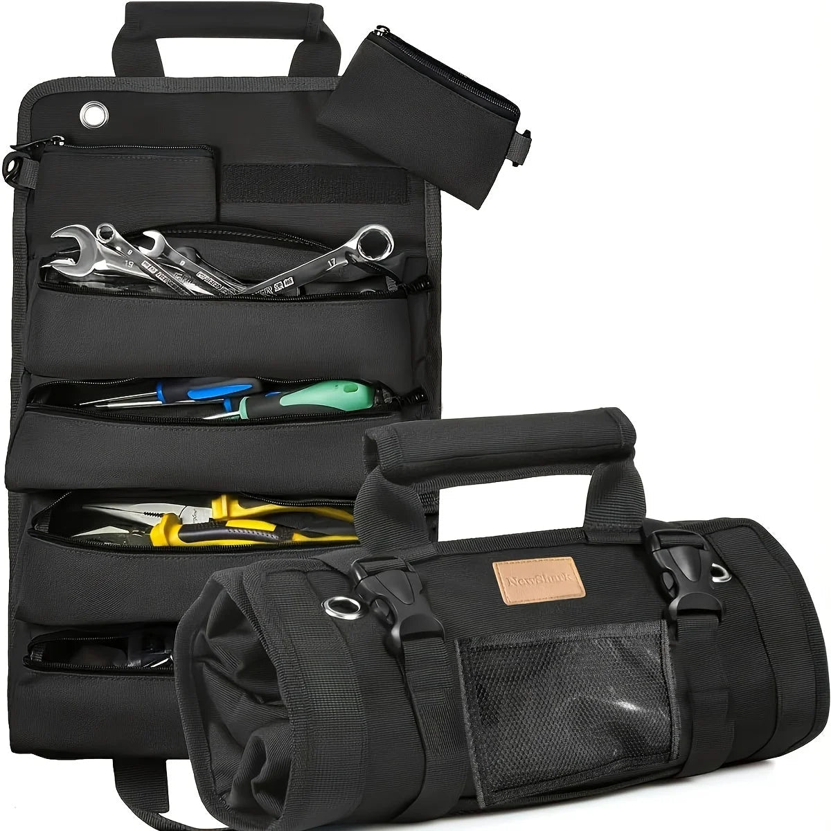 Canvas Tool Roll Organiser in Stealth Black shown flat open with zippered pockets holding wrenches, pliers and screwdrivers, beside the same roll buckled shut with carry handle and mesh window pocket.