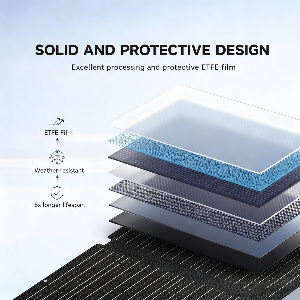 256Wh Solar Generator Kit solar panel exploded diagram showing ETFE film and weather-resistant protective layers