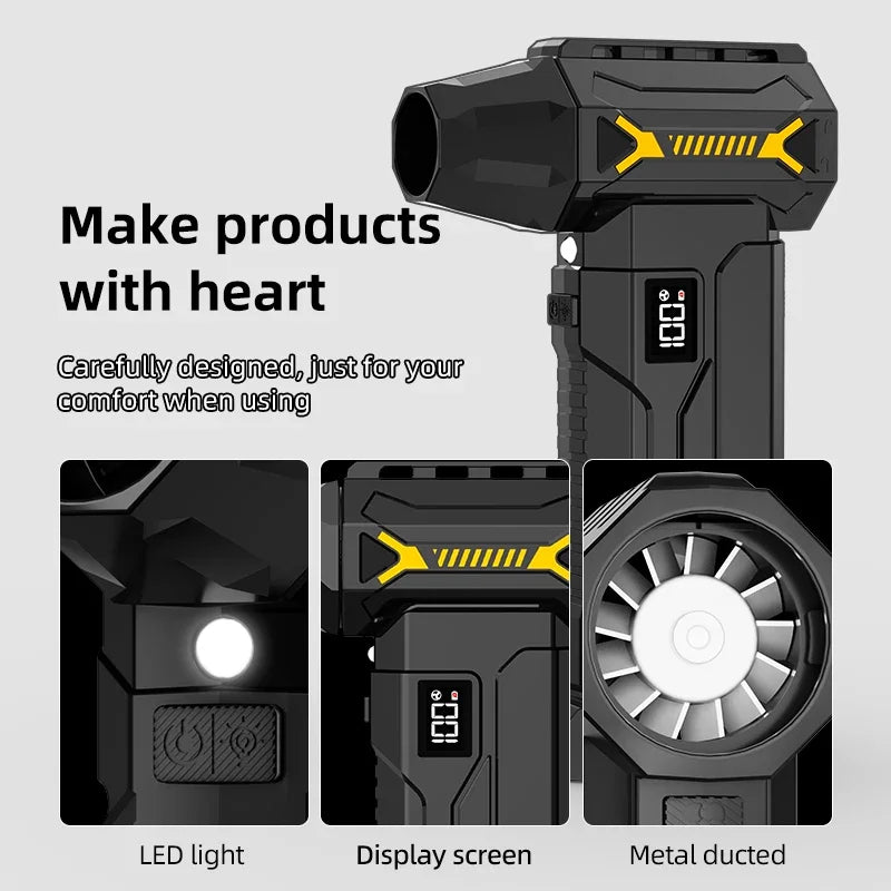 Cordless Turbo Jet Blower details: built-in LED light, battery display screen and metal ducted fan