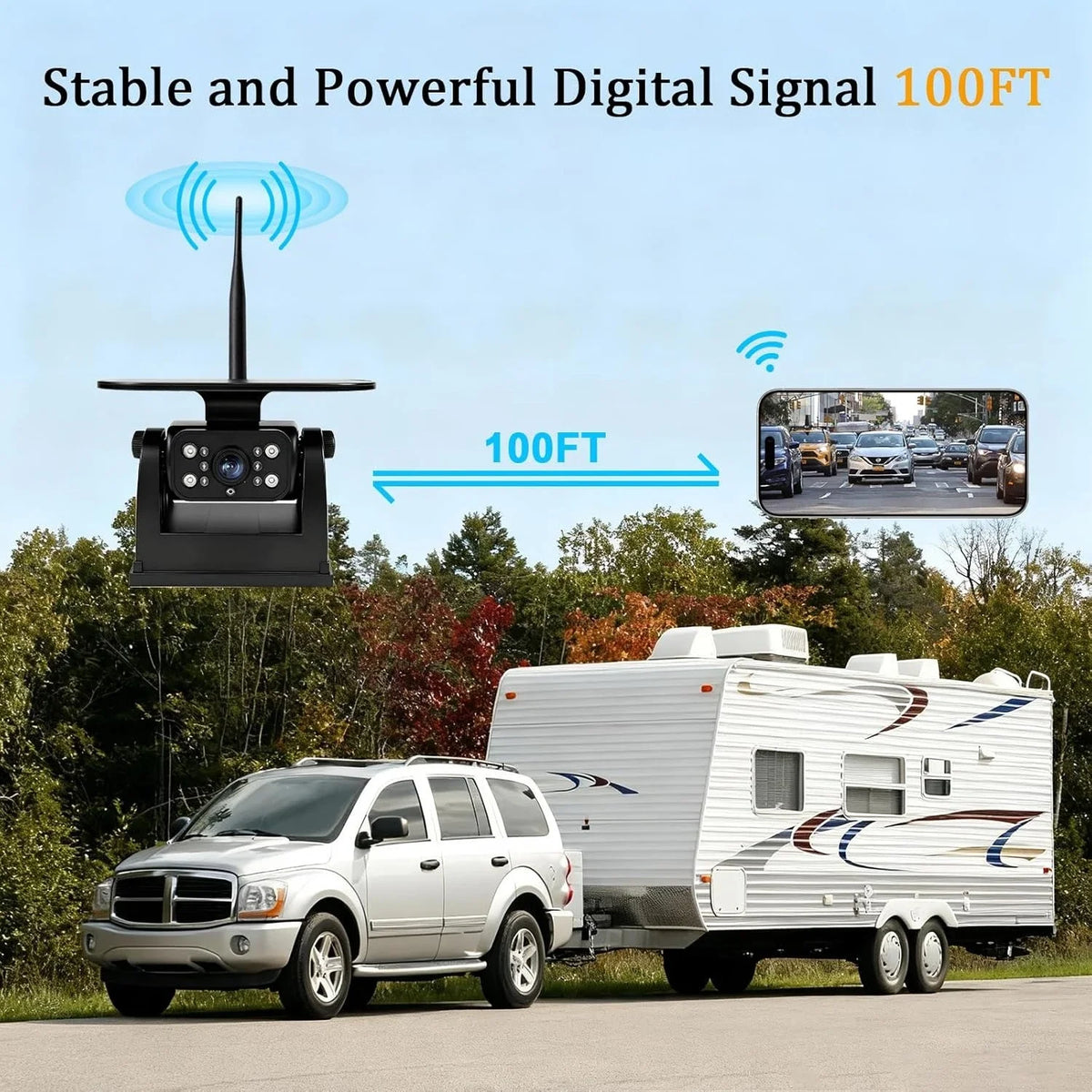 Solar WiFi Reversing Camera mounted on a caravan towed by an SUV, streaming the rear view wirelessly to a smartphone up to 30 m away