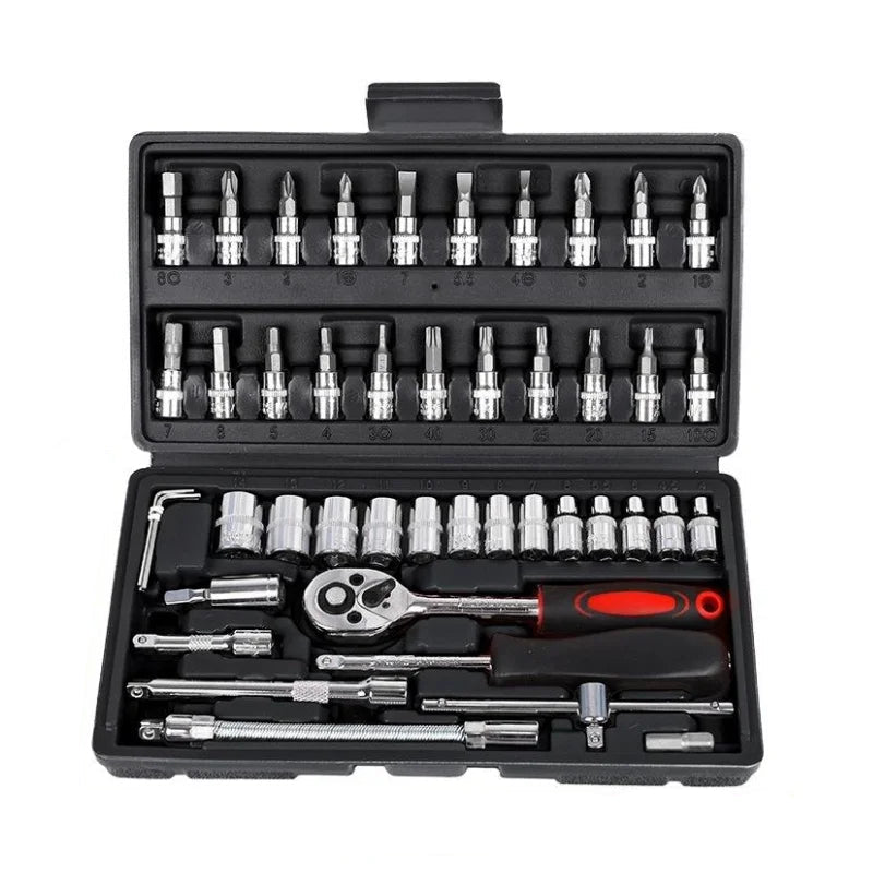 Chrome vanadium socket set displayed open in its black carrying case
