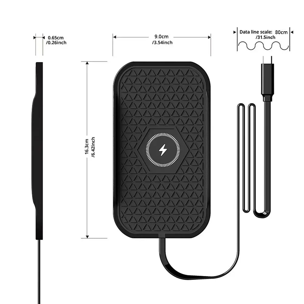 Non-slip wireless charging pad dimensions of 16.3 cm x 9.0 cm x 0.65 cm with an 80 cm cable