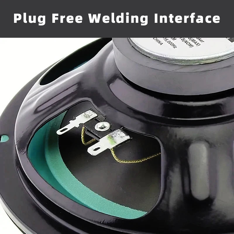 Close-up of HiFi coaxial car speaker terminal wiring with plug-free welded connection