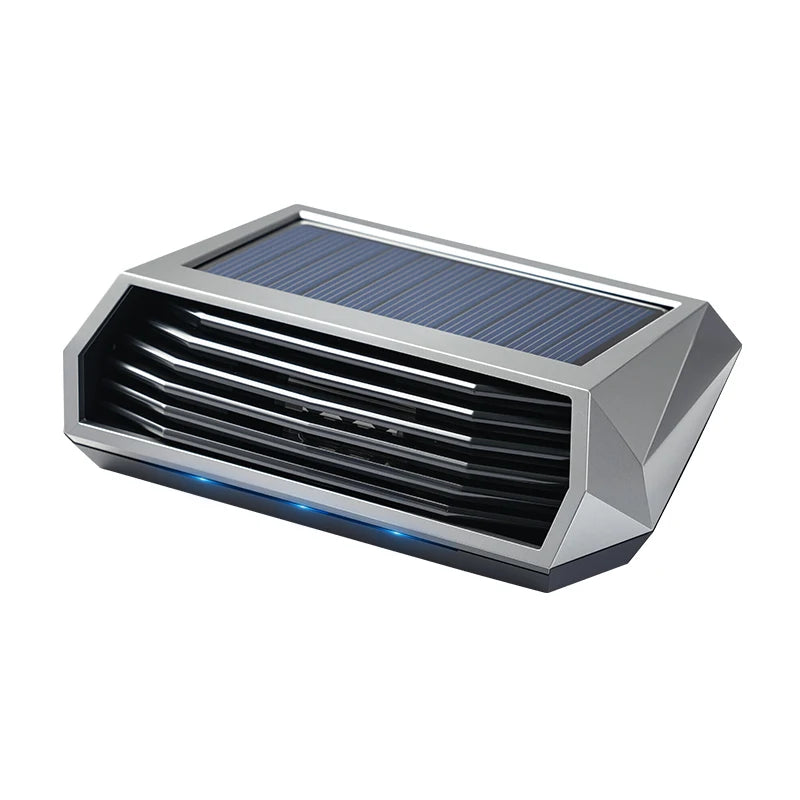 Silver and black solar-powered car air purifier with faceted housing and top-mounted solar panel