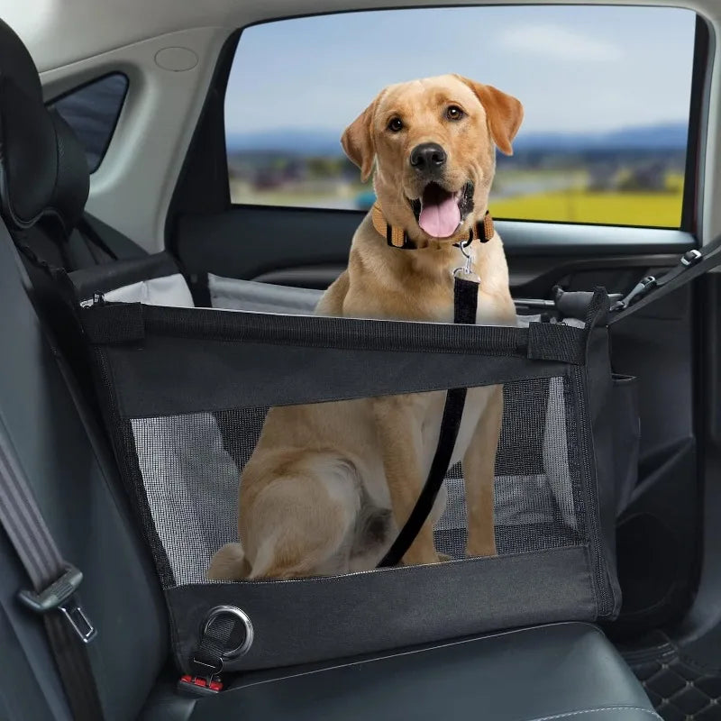 Yellow Labrador sitting in a grey portable pet car seat near the car window, secured with a harness clip