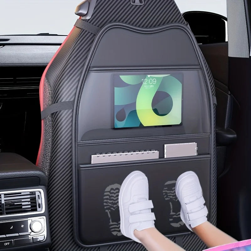 Kick-proof seat back organiser installed on a car seat with a tablet playing video and a child's shoes on the kick mat