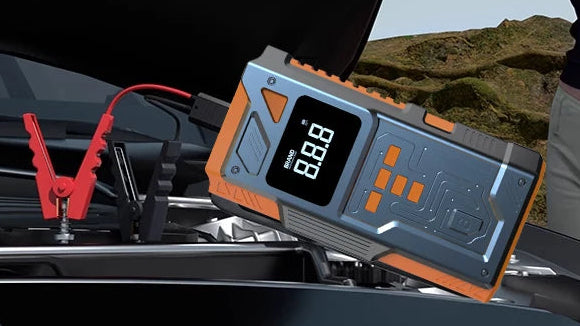 A promotional graphic for a portable digital air compressor. A woman stands beside an open car hood with the product plugged in and connected, against a sky and hills background.