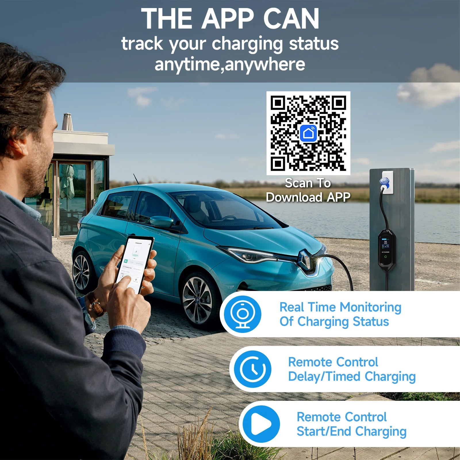 Man using a smartphone app to monitor EV charging status next to a parked electric car and charging station