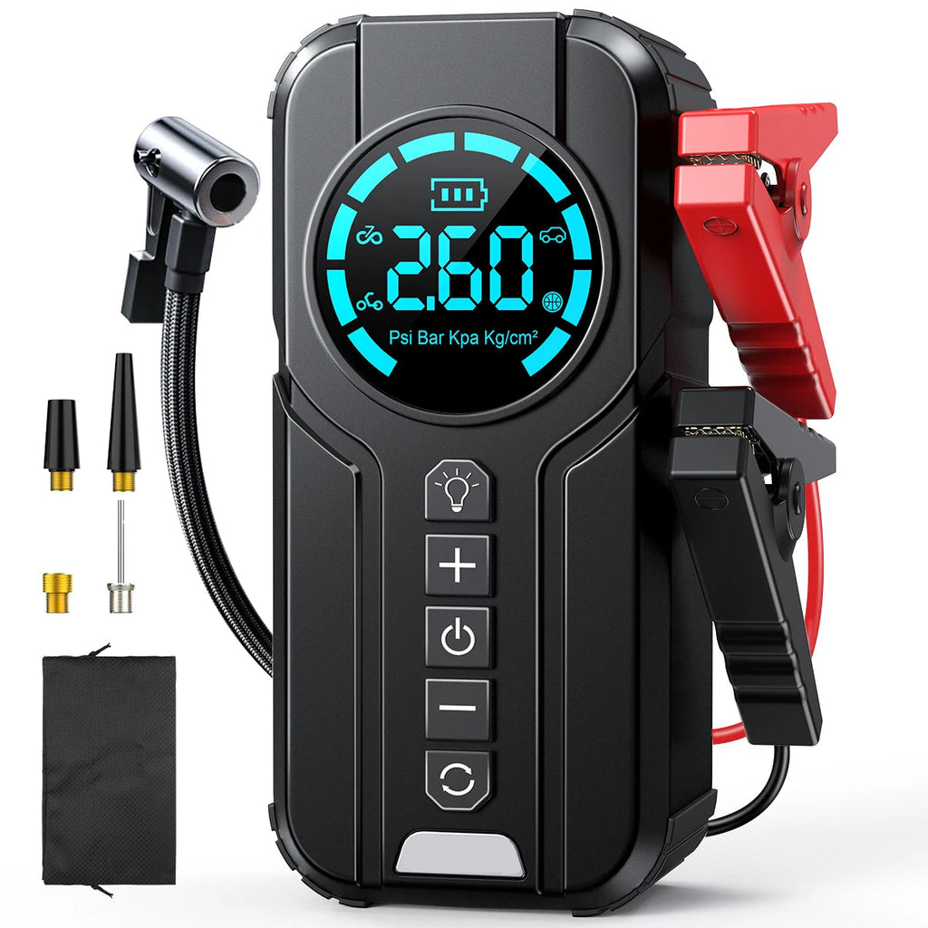 Compact Jump Starter Kit on a white background with digital display, jumper cable clamps, tyre inflation hose and nozzle attachments