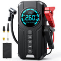 Compact Jump Starter Kit on a white background with digital display, jumper cable clamps, tyre inflation hose and nozzle attachments