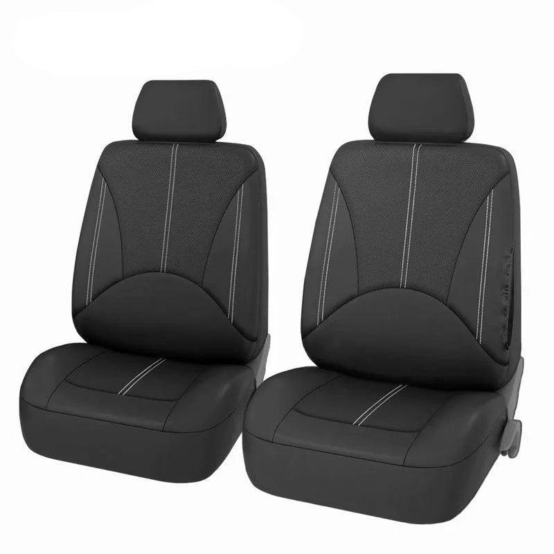 Universal Seat Cover Set front pair only shown in black PU leather on white background with matching headrest covers