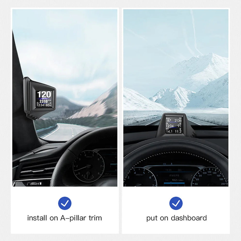 A-Pillar OBD2 GPS Gauge mounting options shown installed on a car A-pillar trim and placed on a dashboard