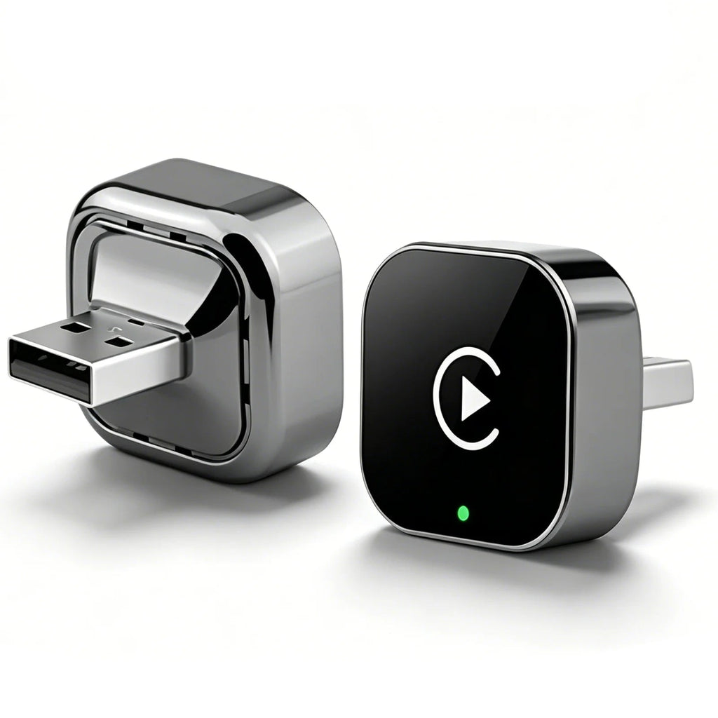 Two Mini Wireless CarPlay Adapters in chrome and black, one showing the USB-A plug and one with green status light
