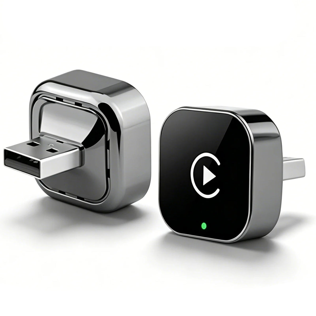 Two Mini Wireless CarPlay Adapters in chrome and black, one showing the USB-A plug and one with green status light
